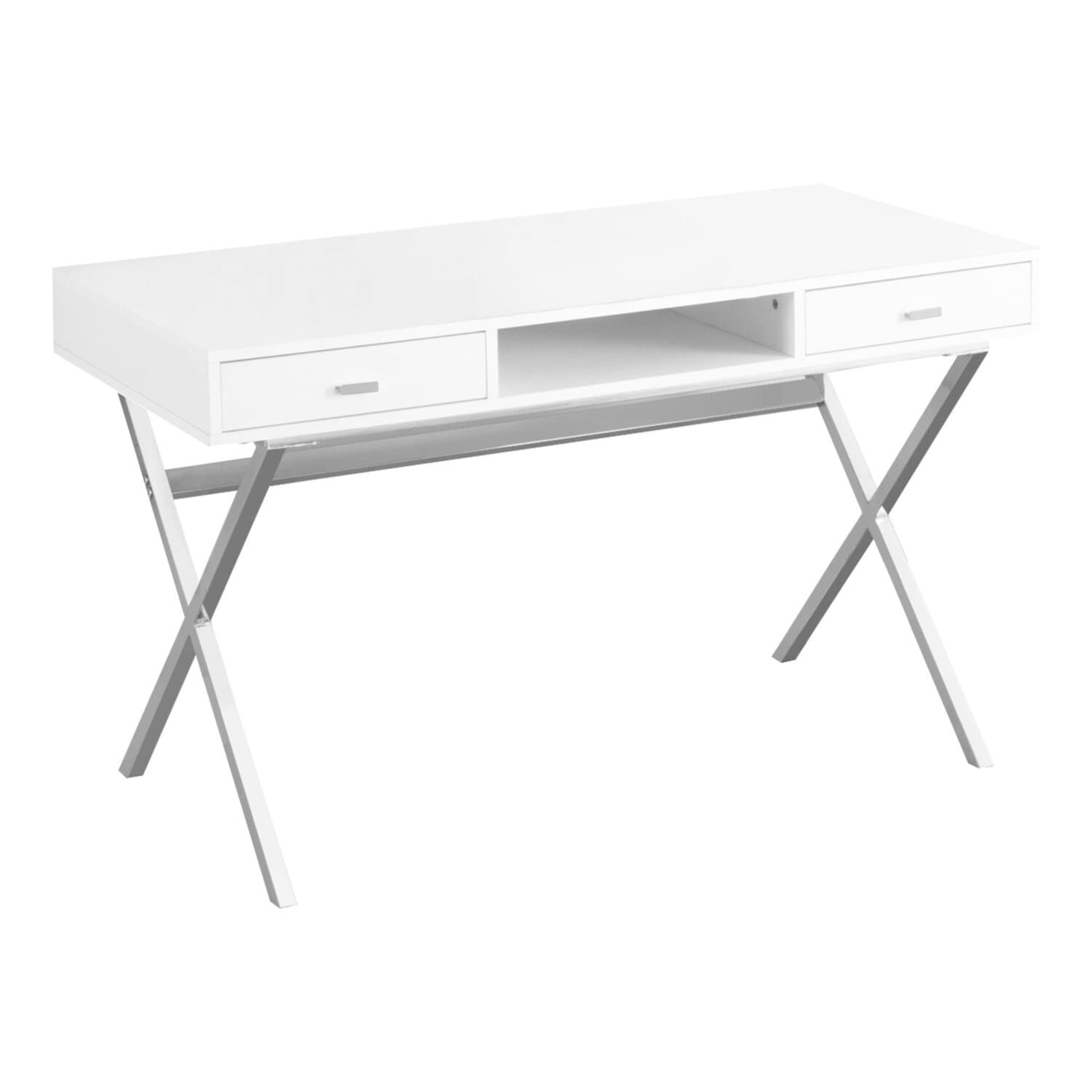 Contemporary Chrome Computer Desk - Home Office Desk with Storage - Small Space Desk - White Finish - 47.25"L