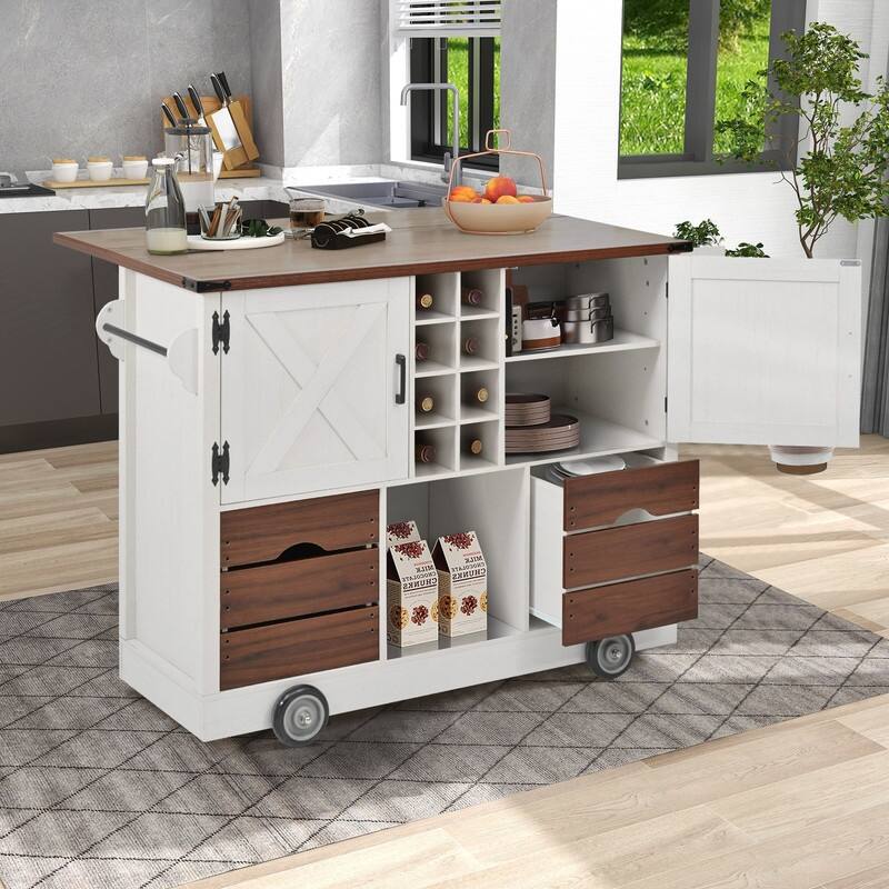 Farmhouse 54" Kitchen Island Cart with Drop Leaf Power Outlet, Rolling Kitchen Island on 4 Large Wheels with Spice Rack