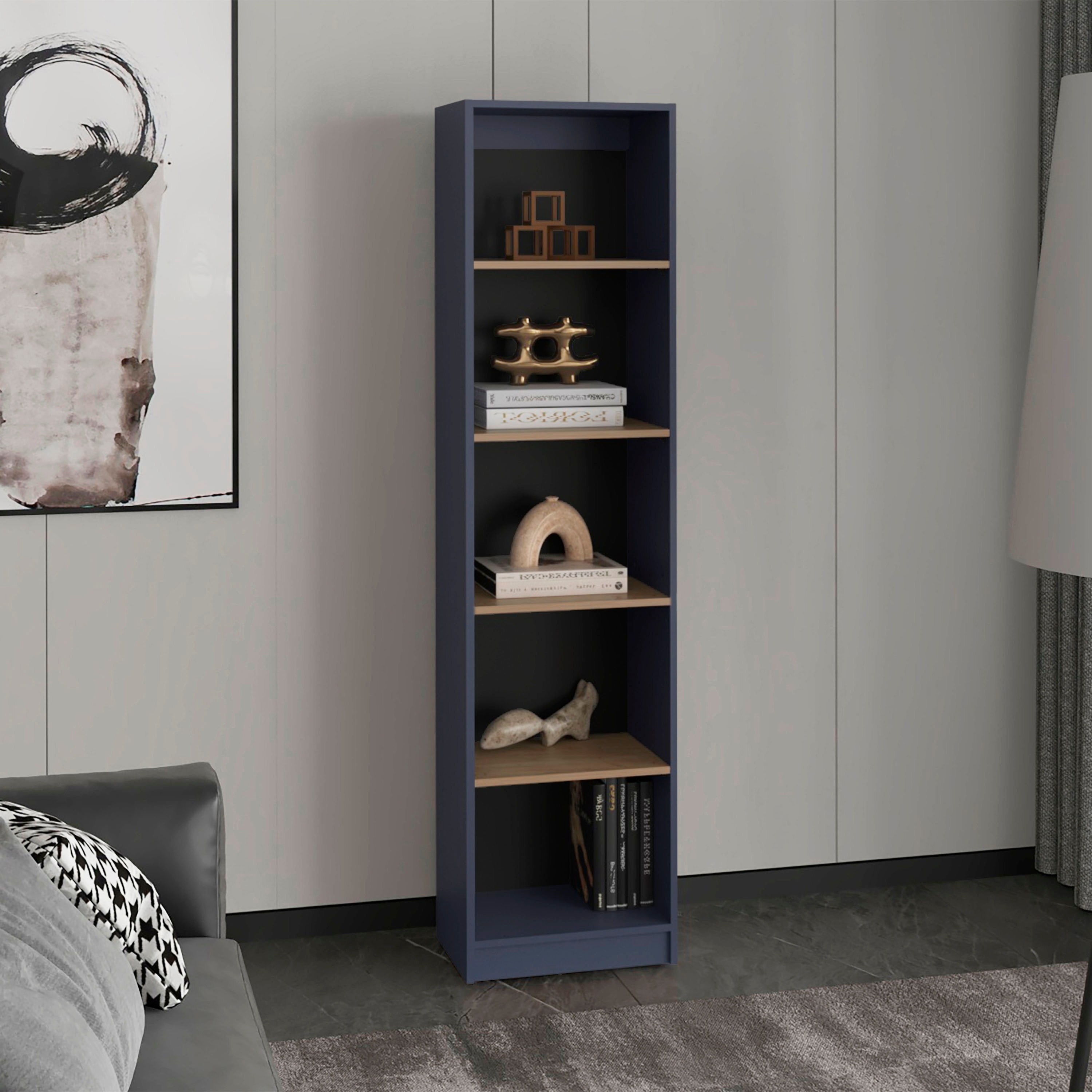 Bookcase With 5-Tier Shelves And Slim Design, For Compact Style Living Room, Bedroom or Office Decor, Natural Oak, Blue
