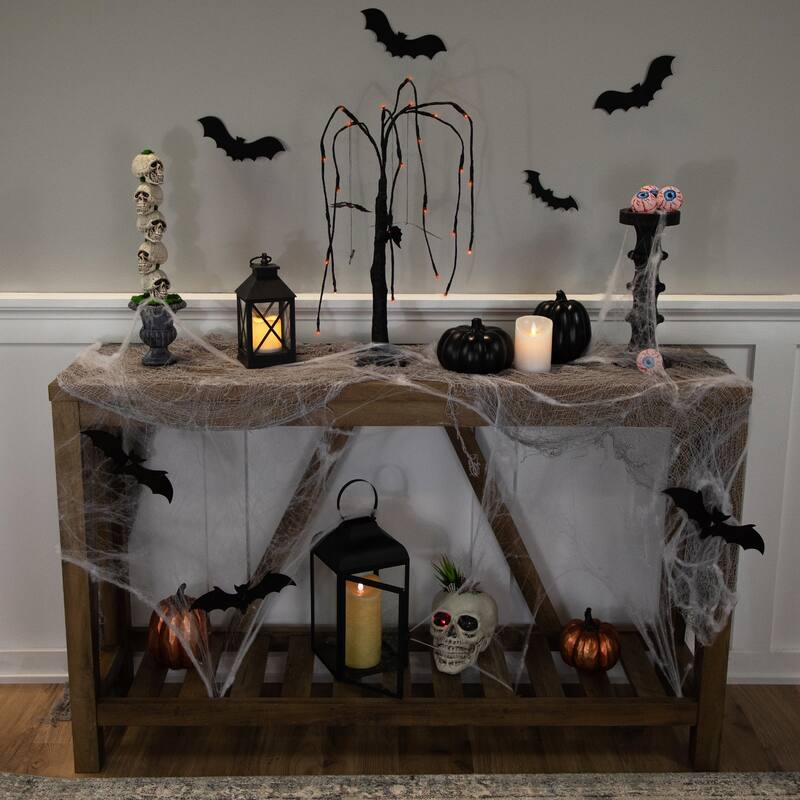 24" LED Black Glittered Halloween Willow Tree With Bats Orange Lights