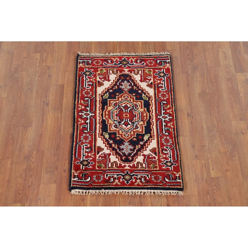 Red & Navy Blue Heriz Serapi Indian Accent Rug Handmade Wool Carpet - 2'0" x 3'0"