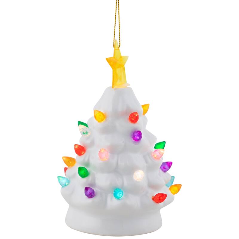 Mini LED Lighted Retro Christmas Tree with Gold Star Ornament - 5.25" - White