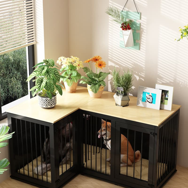 Corner Dog Crate Furniture for 2 Dogs with Double Rooms & Divider