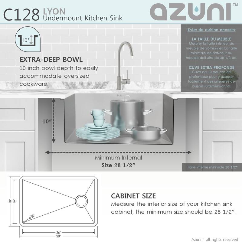 AZUNI 28 inches L x 18 inches W Single Bowl Undermount 16G Reversible Kitchen Sink with Grid and Basket Strainer C128