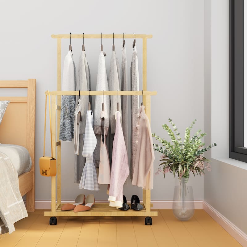 Clothing Rack Bamboo Garment Rack Rolling Coat Hanging Stand - 31.5x15.7x63 inch