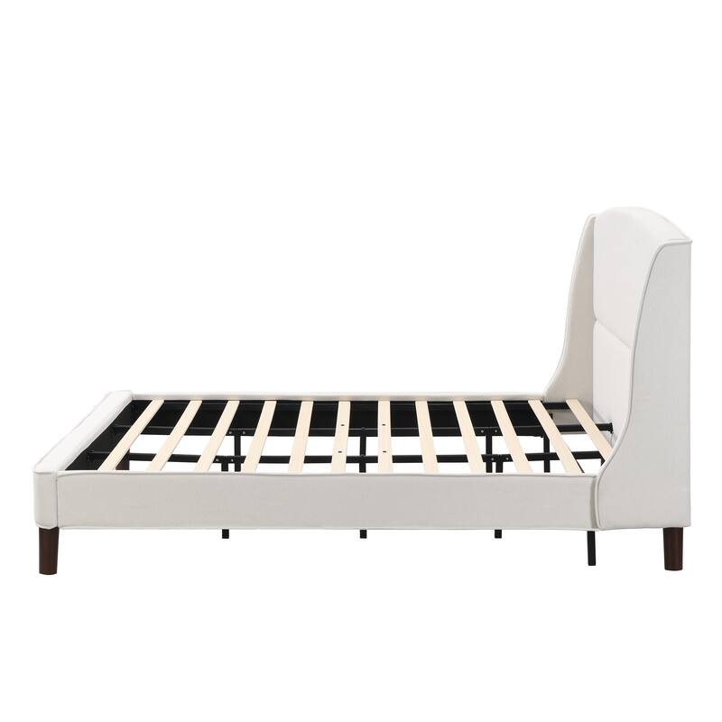Linen Fabric Upholstered Platform Bed Frame with Wood Slat Frame Built-in Metal Legs Support Wingback Bed