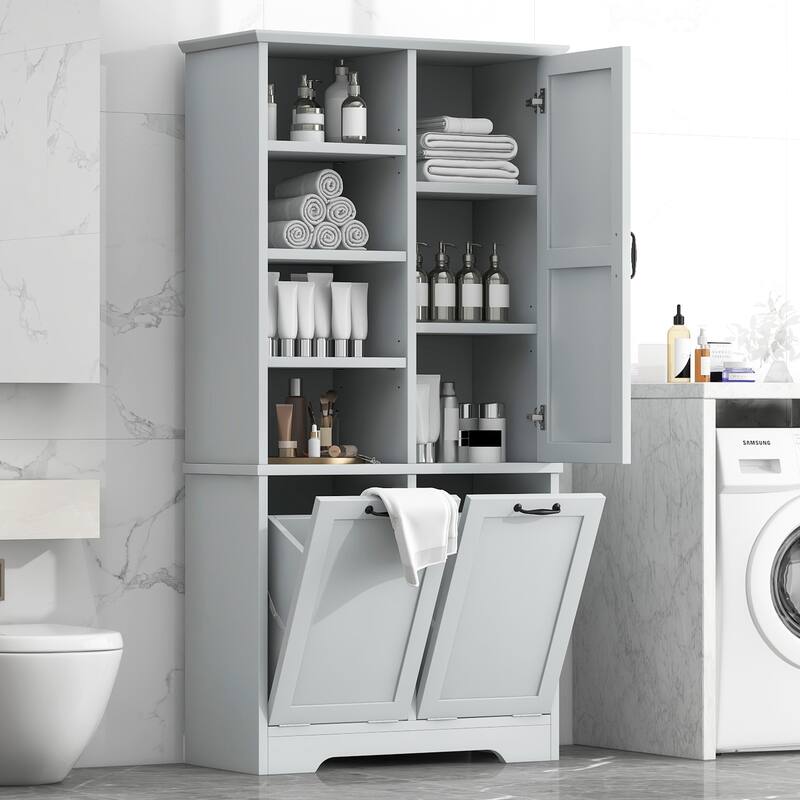 Bathroom Storage Cabinet with Doors and Drawers, Tilt-Out Laundry Hamper, Freestanding Style, Open Shelve, Adjustable Shelf - Grey