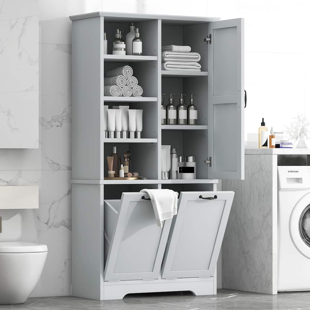 Bathroom Storage Cabinet with Doors and Drawers, Tilt-Out Laundry Hamper, Freestanding Style, Open Shelve, Adjustable Shelf