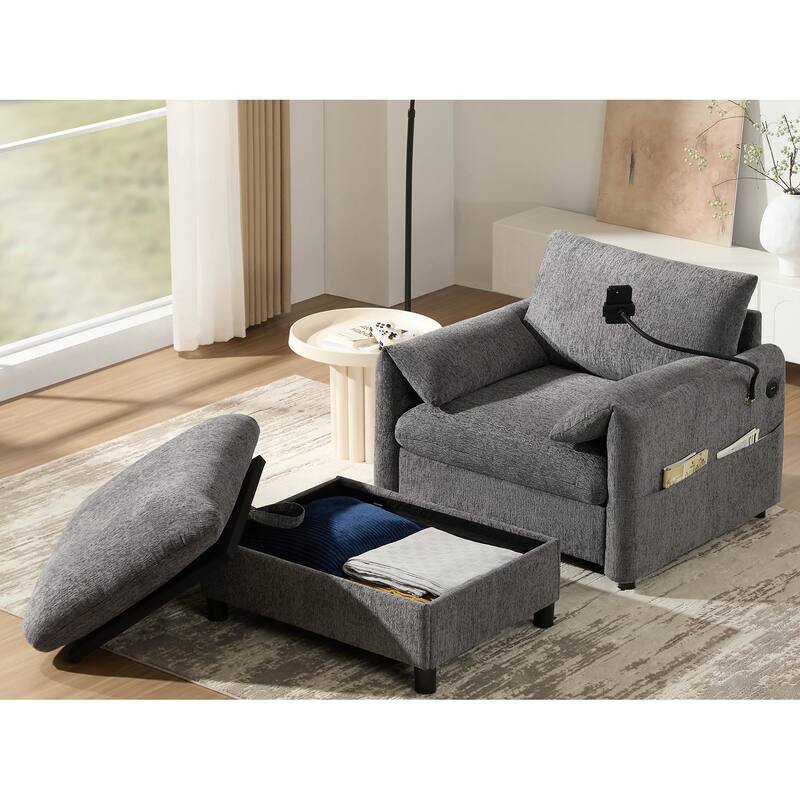 Single Sofa with Storage Ottoman, Lounge Chair with Phone Holder, USB Charger & Side Pockets, Comfy Chenille Reading Armchair