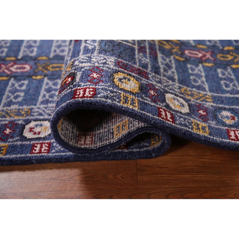 Blue Geometric Kazak Indian Runner Rug Handmade Wool Carpet - 2'7"x 8'0"