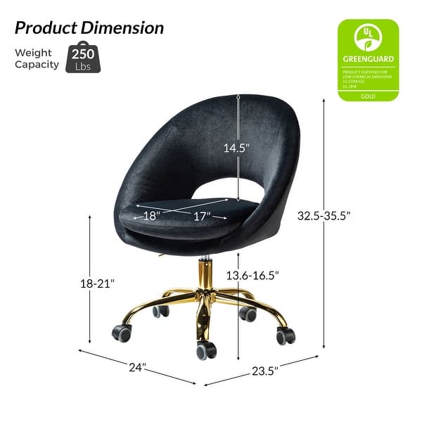dimension image slide 2 of 18, HULALA HOME Ramona Modern Velvet Height Adjustable 360 Swivel Task Chair with Metal Base