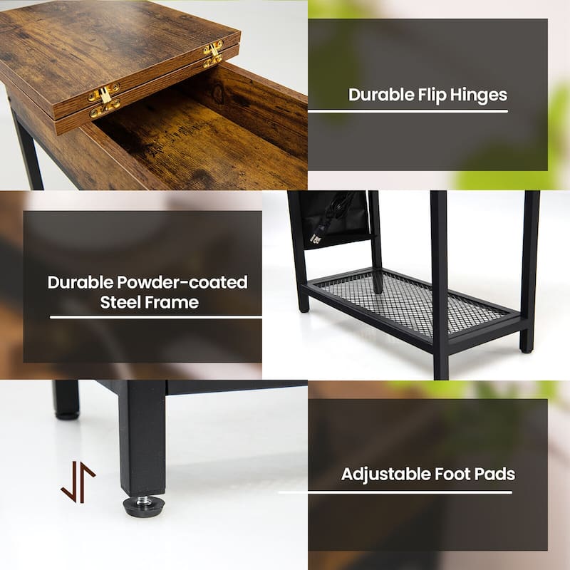 Gymax 2PCS End Table Charging Station Industrial Nightstand Flip Top