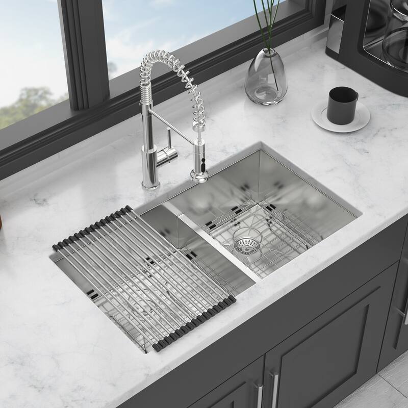 Undermount 16 Gauge Double Bowl Stainless Steel Kitchen Sink in Brushed Nickel