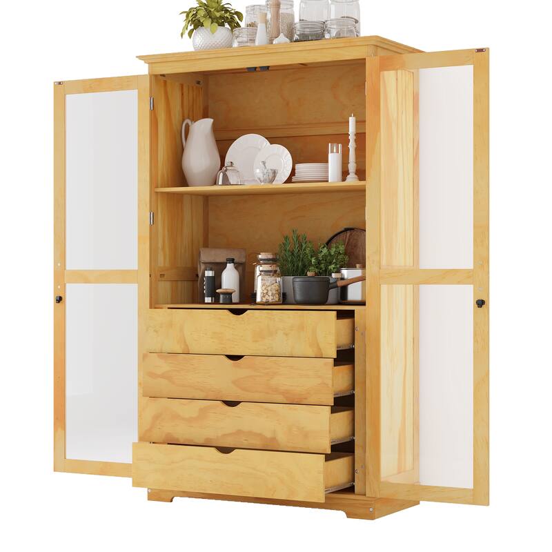 Kitchen Pantry Storage Cabinet, Freestanding Wood Cabinet Display Cabinet with Glass Doors, 4 Built-in Drawers & Shelves