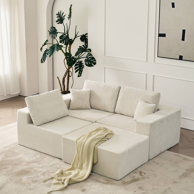 Modular L Shaped Sectional Sofa with Ottoman, Corduroy Boneless Cloud Sofa, 3 Seater Upholstered Sofa with 2 Pillows