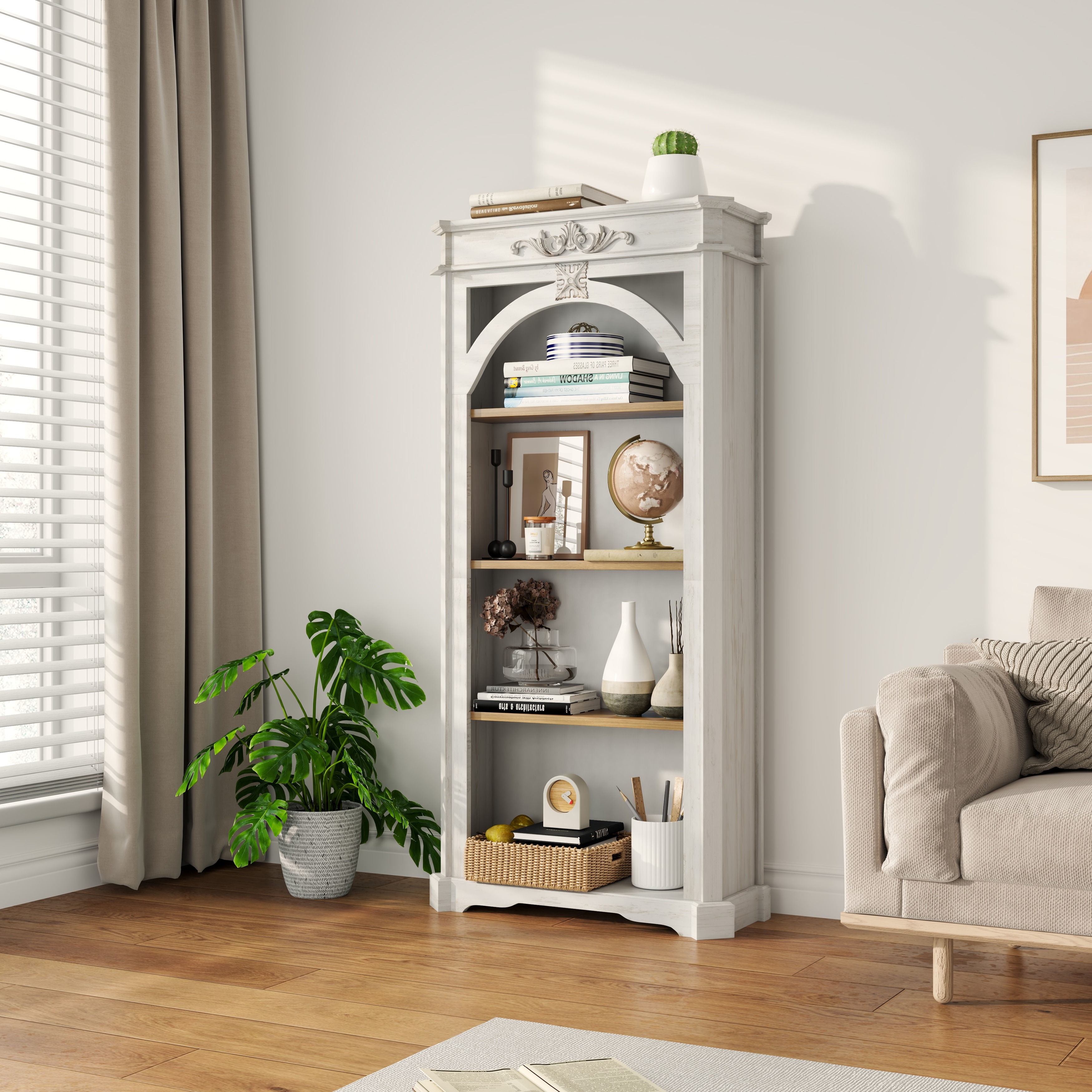 Antique Wooden 4-Tier Tall Bookcase with Distressed Vintage Finish, Antique White by GDFStudio
