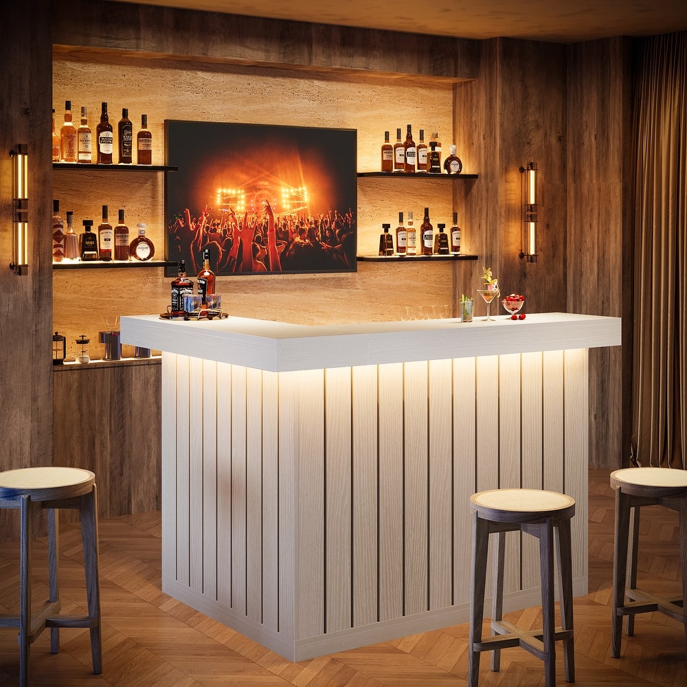 Home Bar Unit, Corner Liquor Bar Table with Storage Shelves & Wine Glass Holder, Pub Reception Accent Cabinet Desk