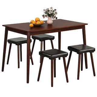 Gymax 5PCS Dining Table Set for 4 w/ 4 Upholstered Stools Rubber Wood ...