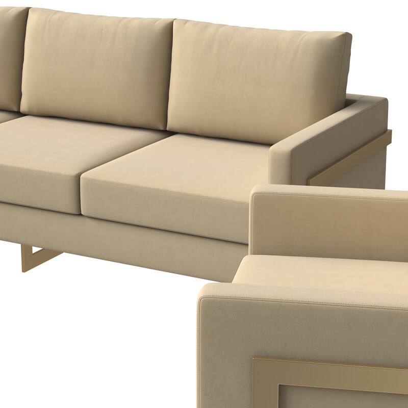 Lincoln Modern Leather 3-piece Sofa Set Accent Armchair in Gold Steel Base with Removable Cushion for Living Room or Office