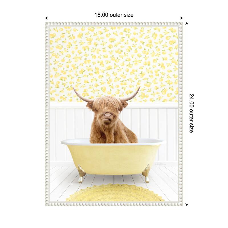 Kate and Laurel Sylvie Highland Cow in Cottage Yellow Bathtub Framed Canvas by Amy Peterson
