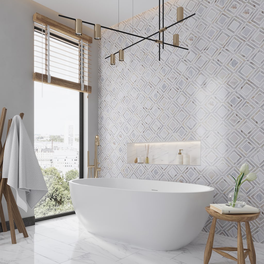 Serena 9x11 White Gray Calacatta Gold, Thassos Mosaic Framed Diamond Wall and Floor Tile (3.53 sq ft/case) - 5 Pack