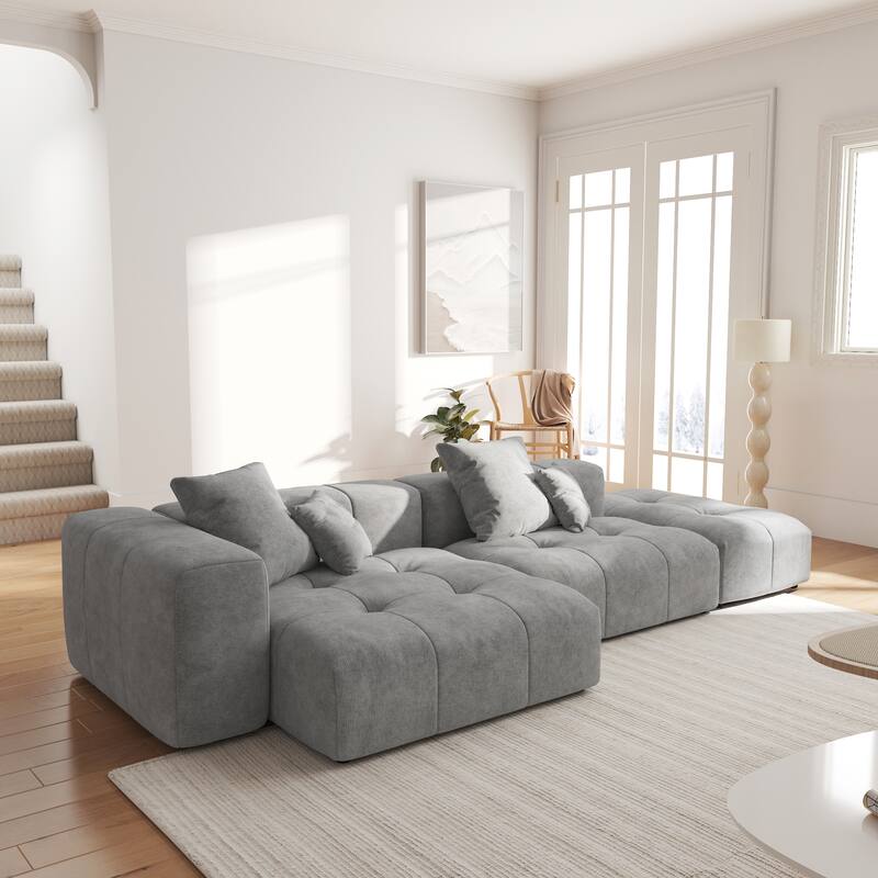 119.27" Linen Modular Sofa Chaise Sectional Sofa with Pillows, Ottoman - Grey