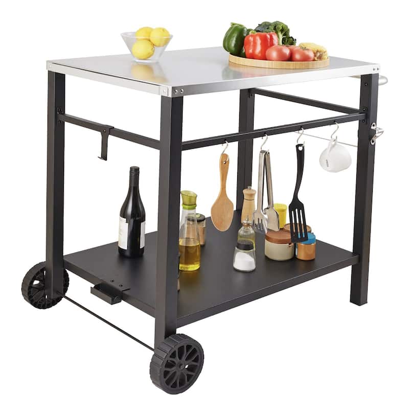 Multifunctional Stainless Steel Outdoor Grill Dining Cart with Double Shelf and Blow Molded Wheels - 39.37 x 25.19 x 32.87 inch