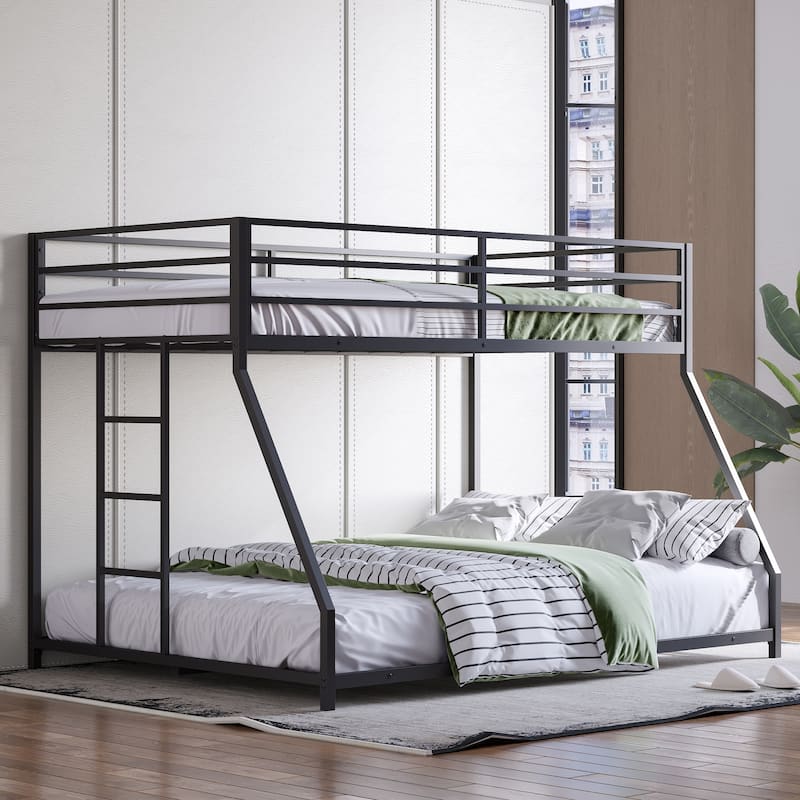 Metal Bunk Bed Frame Black Twin Over Full Size Heavy Duty Bed with Removable Stairs for Teen Adults Teens, No Box Spring Needed
