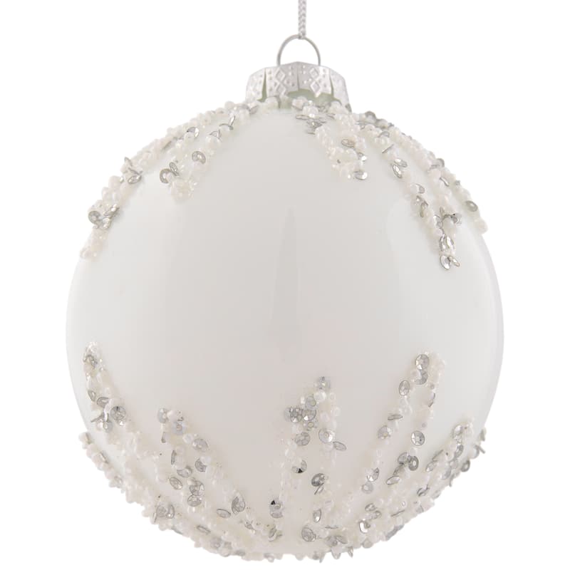 Sequin Beaded Christmas Glass Ball Ornament - 4" - White