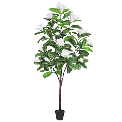 6ft Real Touch White Artificial Magnolia Flower Tree in Black Pot - 72" H x 27" W x 27" DP