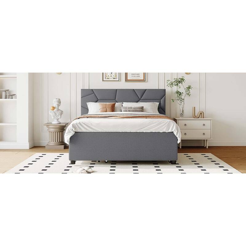 Platform Bed with Brick Pattern Headboard, Trundle & 2 Drawers