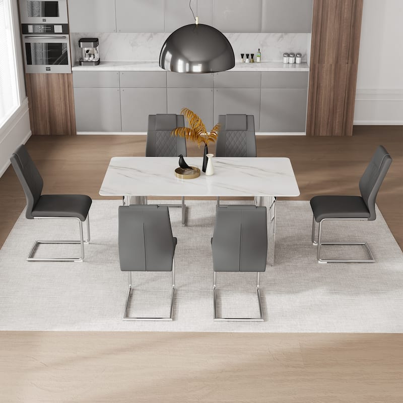 Modern 7-Piece Dining Table and Chair Set, 63" Faux Marble Glass Table with Stainless Steel Legs and PU Dining Chair
