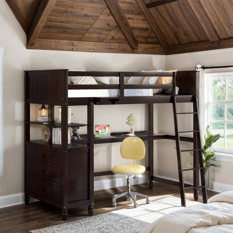 Twin size Loft Bed with Drawers, Built-in Desk and Shelves, Espresso
