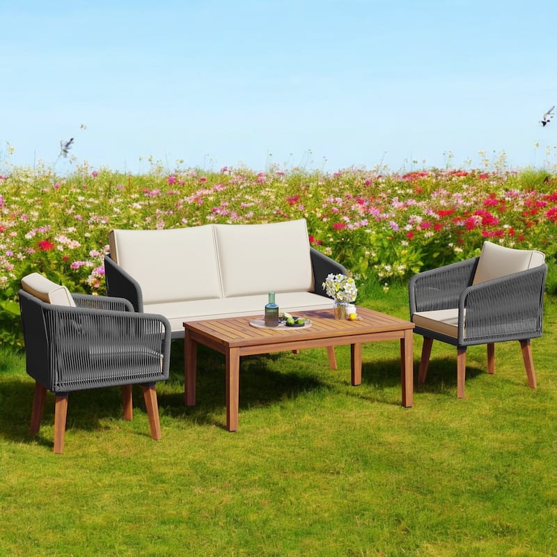 4-Piece Outdoor Patio Furniture Set with Loveseat, Cushions, and Rope Design Chairs for Backyard, Poolside, and Garden - Natural+Grey