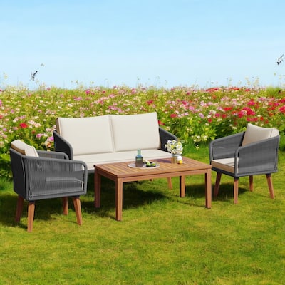 4-Piece Outdoor Patio Furniture Set with Loveseat, Cushions, and Rope Design Chairs for Backyard, Poolside, and Garden