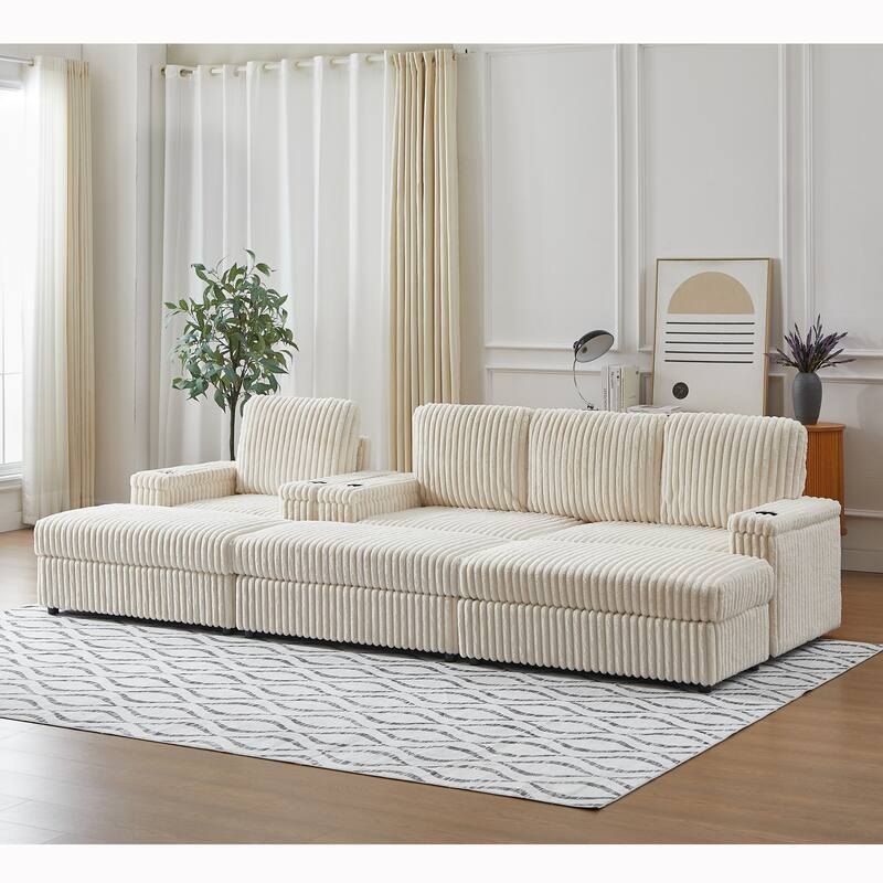 Anmytek Corduroy 3-Seater Deep Seat Sofa & Single Recliner With Cup-Holding Grooves
