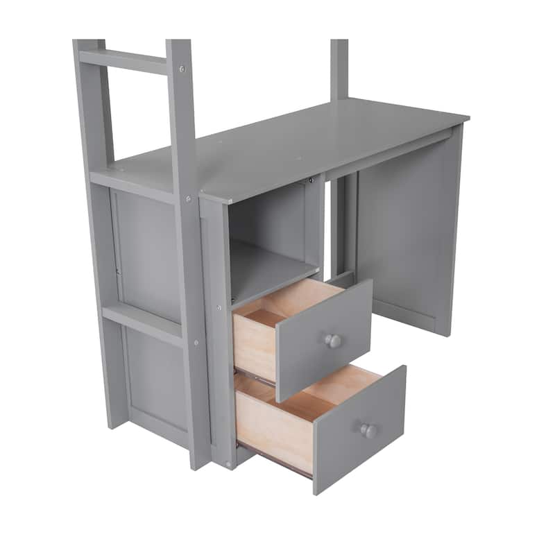 3-in-1 Loft Bed w/Desk Built-in Drawers, Wardrobes, Storage Underneath