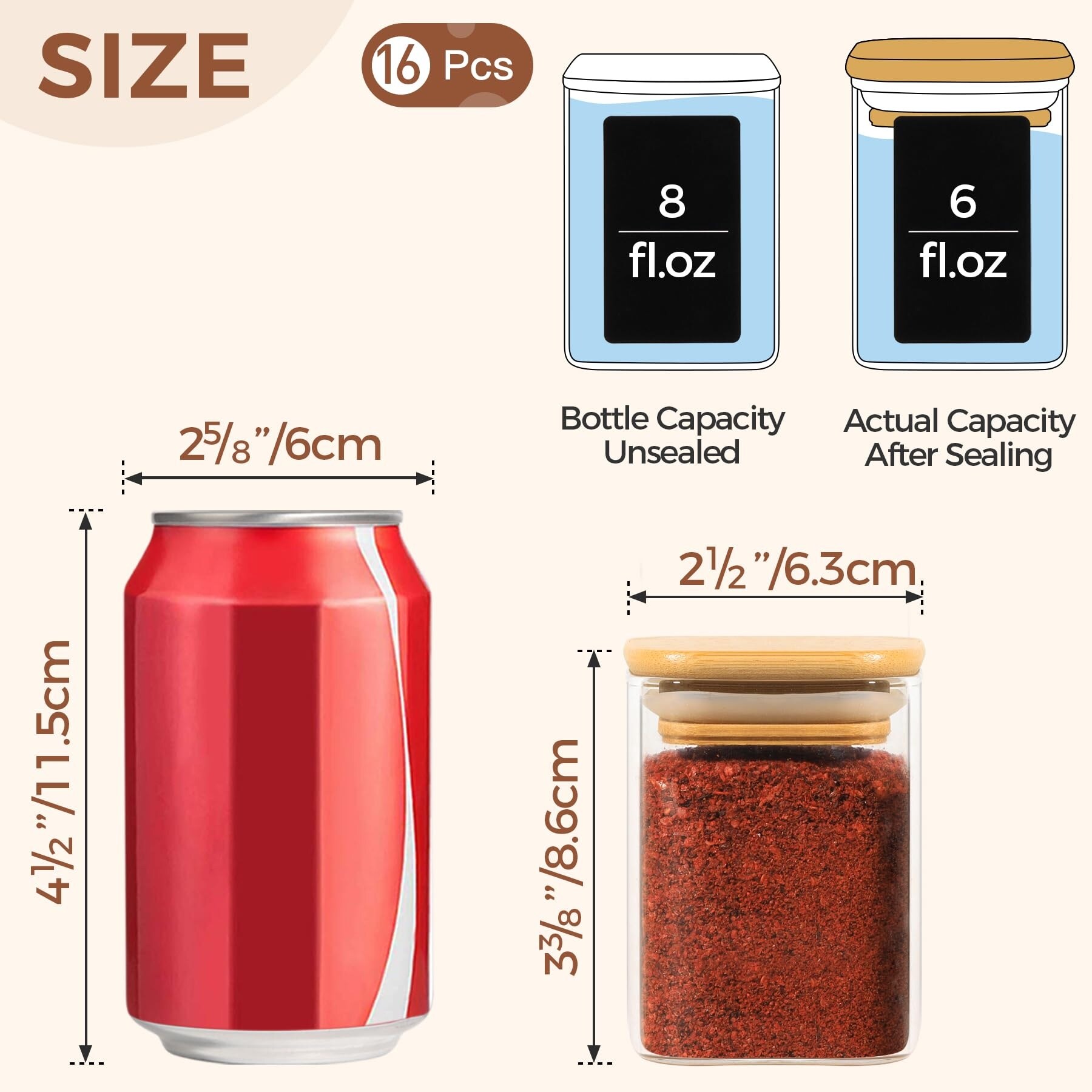 16Pcs Glass Spice Jars with Bamboo Lid, 6oz Airtight Square