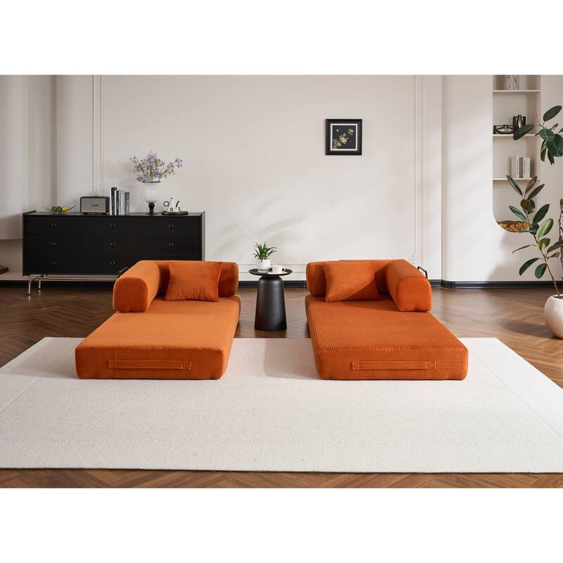 Convertible Sleeper Sofa Bed with Cylindrical Pillow, Corduroy Folding Mattress Couch with Fixed-Shape Frame