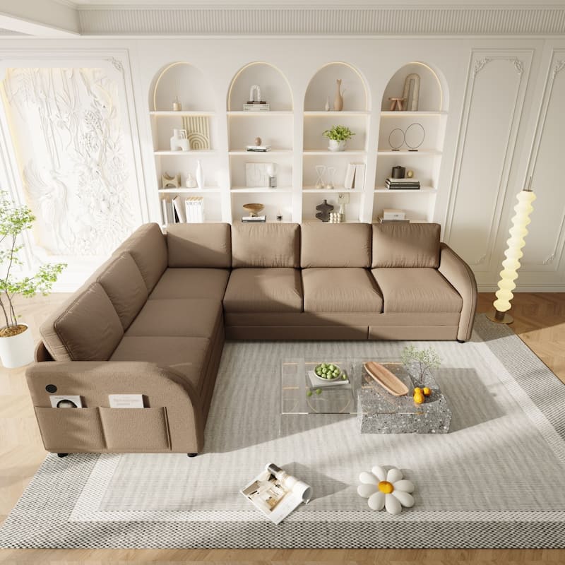 115.2" L-Shaped Teddy Sectional Sofa with Pull-Out Bed