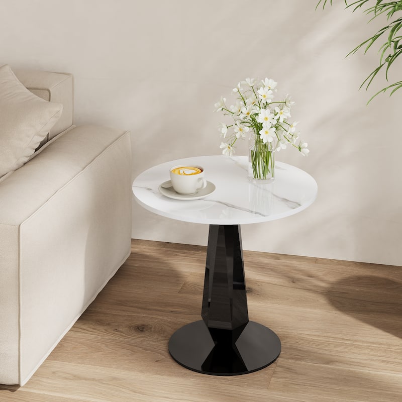 17.72" Modern Round End Table, White Glossy Sintered Stone Side Table, with Black Stainless Steel Base