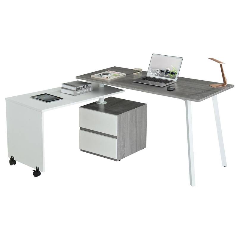 Rotating L-Shape Desk - Modern Computer Workstation, Multi-Positional, Alloy Steel Frame, Grey Finish