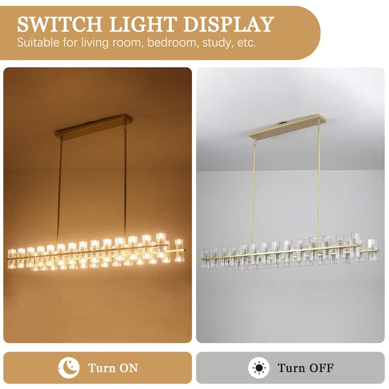 57.09-inch 56-light modern and stylish linear metal chandelier with crystal lampshades