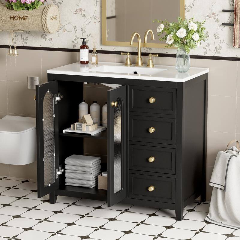 30''/36'' Bathroom Vanity with Sink, 3 Drawers Bathroom Storage Cabinet with Soft-Close Glass Door and Adjustable Shelf - Black - 36''W