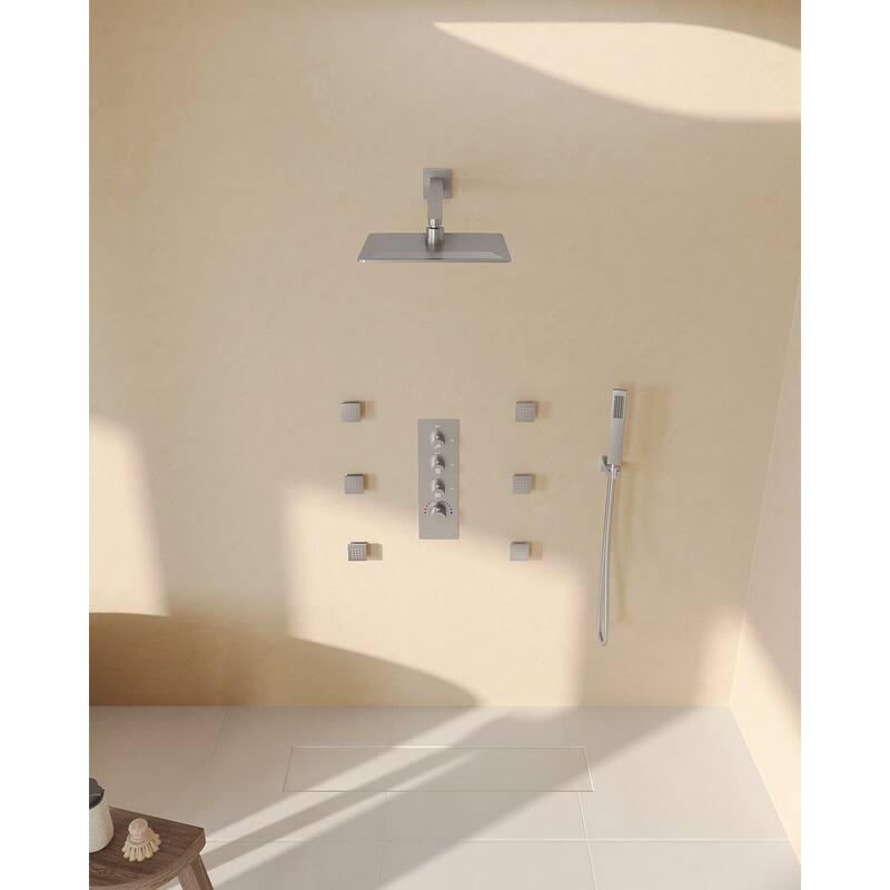 GRANDJOY Thermostatic Shower Faucet Set 12 inch Wall Mount Rainfall Shower Head with 6 Body Jets and Handheld Spray Combo