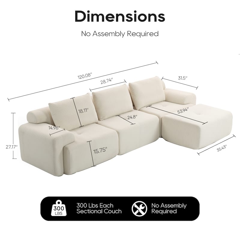 Corduroy Modular Sleeper Sofa Bed with Ottoman, L-shaped Sectional Couches for Living Room with Memory Foam and Steel Frame