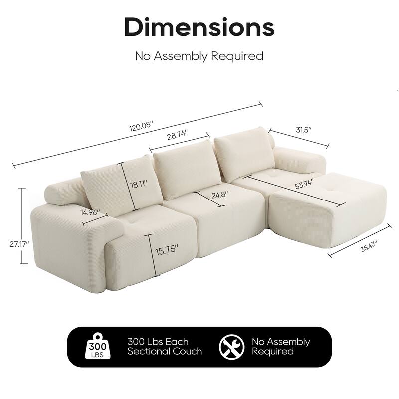 L-Shaped Modular Sectional Sofa, Corduroy Convertible Sectional Sofa Bed, Compression Sofa with Memory Foam & Steel Frame