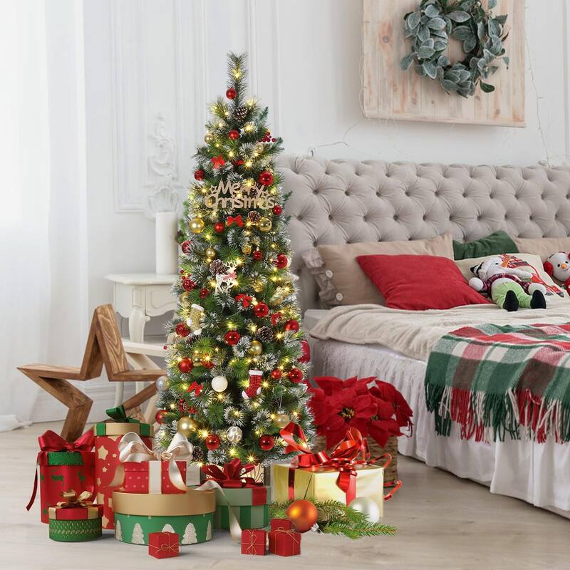 7FT Potted Christmas Tree with 140 Warm Led Lights, Artificial Christmas Tree Outdoor Decor