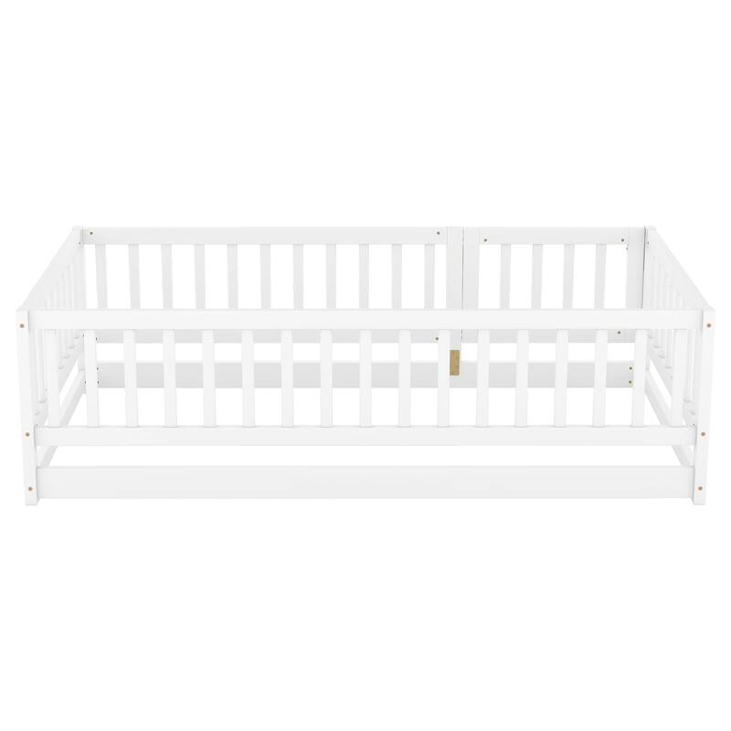 Twin Size Pine Wood Floor Panel Bed with Safety Fence and Removable Door