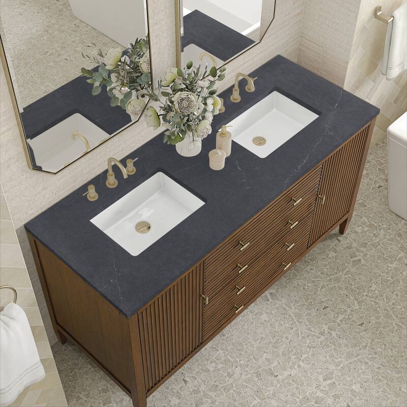 James Martin Vanities Myrrin 60" Double Vanity, Mid Century Walnut - Charcoal Soapstone